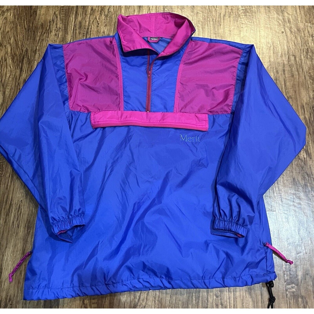 Vintage 80s Merit Men L Windbreaker Blue Fuchsia Color Block Jacket Packable